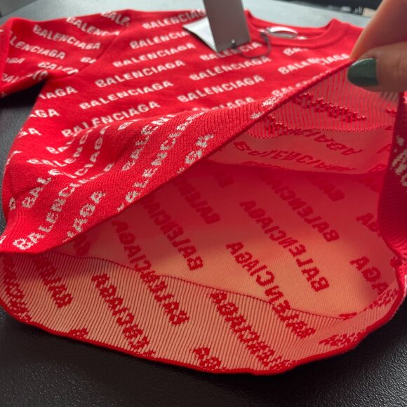 NWT Balenciaga Long Sleeve Knit Top Crewneck Mini Logo Allover Red Wool Blend - Picture 6 of 9